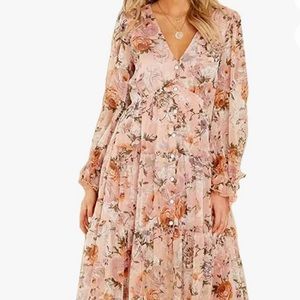 Womens Long Sleeve Floral Maxi Dress Vneck Small